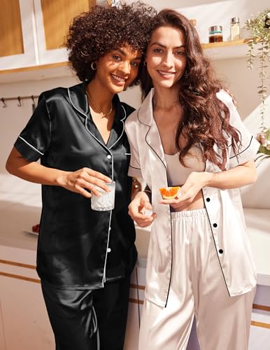 Ekouaer 2 Pack Silk Pajamas for Women Short Sleeve Button Down Satin Pajama Set for Women Soft Pjs Loungewear S-XXL2