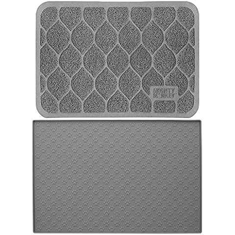 Mighty Monkey Cat Litter Mat and Silicone Pet Feeding Mat, Both in Gray Color, Cat Mat Size 24x17, Pet Feeding Mat Size 18x12, 2 Item Bundle Cover