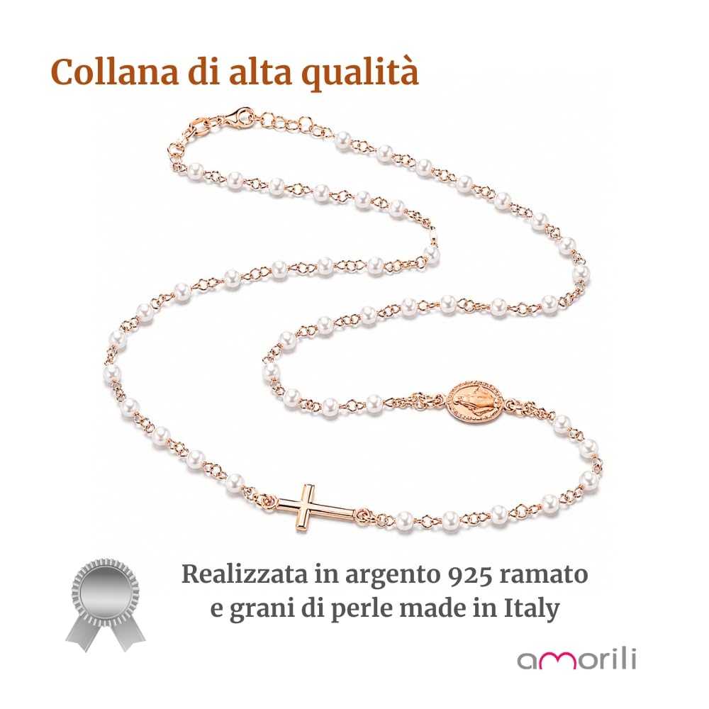 Collana Rosario Donna in Argento 925 Ramato Girocollo con Grani di Perle – Simbolo Cattolico Cristiano di Fede Religioso – Collana Elegante Idea Regalo cll2142