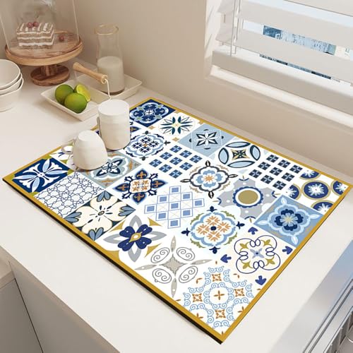 Odot Absorbente Alfombrilla Escurreplatos, Estilo Marroquí Alfombrilla Cafetera Secado Rápido Bayeta Escurreplatos Estera Fregadero para Encimera de Cocina (Amarillo Azul,30x40cm)