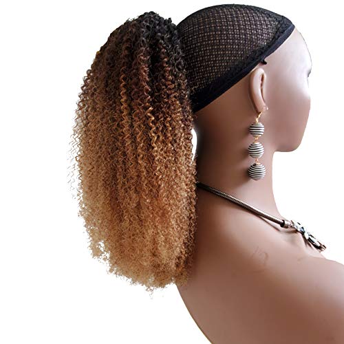Brazilian Ombre Afro Kinky Curly Drawstring Ponytail Hair 4b4c Three Tone Ombre 1b/4/27 Afro Hair Ponytail Human Hair With Clips Brazilian Virgin Human Hair (16inch, ombre afro ponytail)