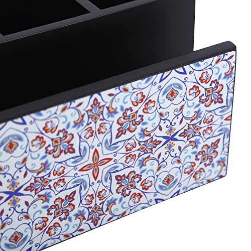 Image of Reinvention Factory Wooden Cutlery Holder I Countertop Organizer - Spoon Fork Knife Napkin Tissue Paper I Desk Supplies Pencil Pen Stationery Stand I Home & Kitchen I Size 7 inch X 5 inch X 4 inch Turkish Mandala