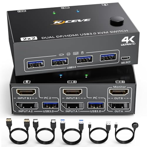Image of KVM Switch 2 Computer 2 Monitors, HDMI + Displayport Dual Monitors KVM Switcher Supports 4K@60Hz for 2 Computers Share Keyboard, Mouse and Monitor