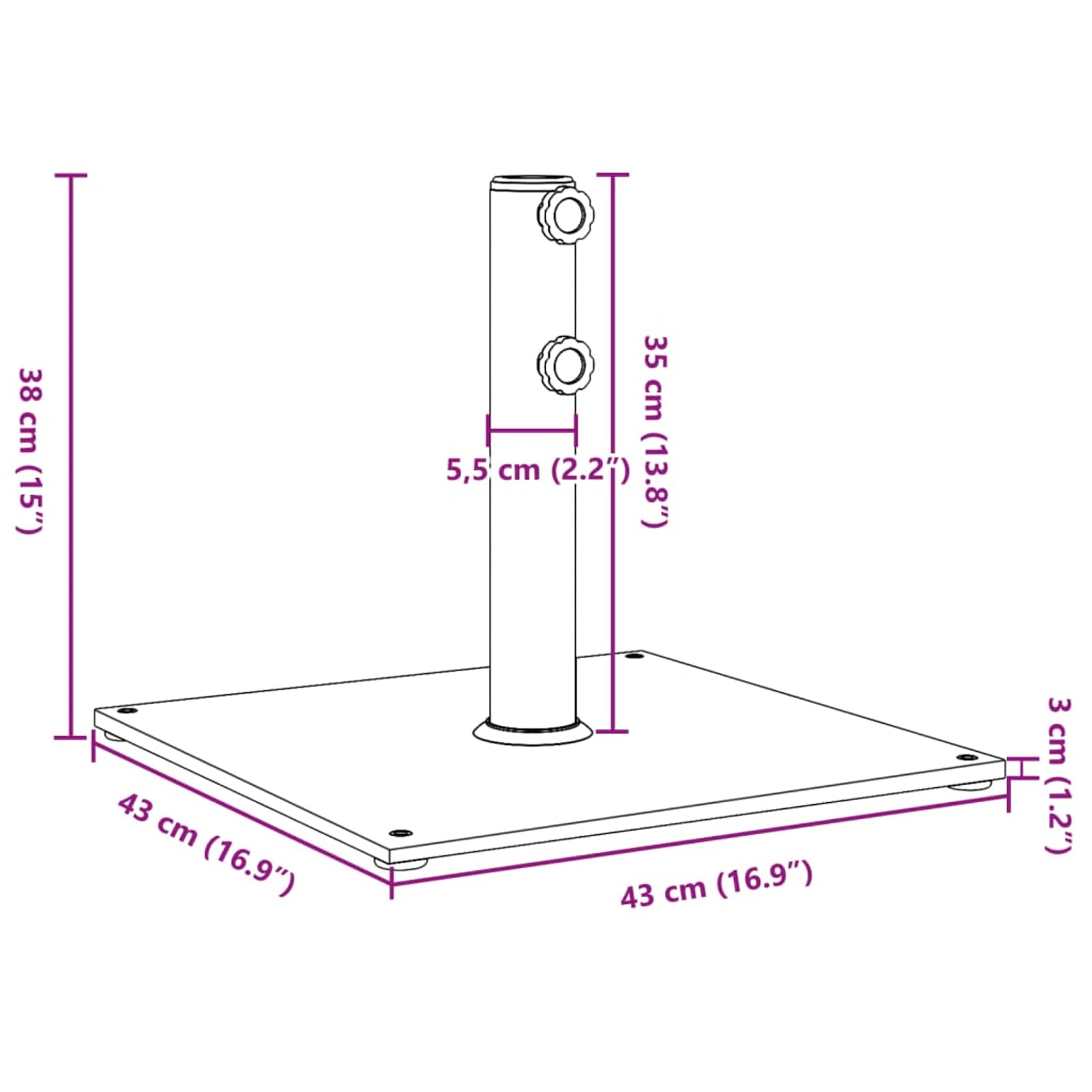 Gecheer Base per Ombrellone, Stabile e Regolabile con Manopola Doppia, 43x43x38 cm, Acciaio e Ferro, Adatta a Pali da 32/38/48 mm, per Esterno e Giardino