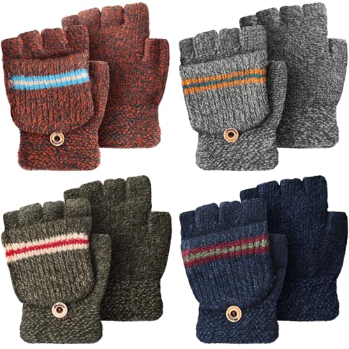 Image of Yahenda 4 Pairs Kids Mittens Fingerless Gloves Winter Knitted Convertible Mittens for Toddler Boy Girl Aged 5-10
