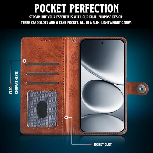 Image of WOW IMAGINE Shock Proof Flip Cover Back Case for Redmi Note 15 Pro 5G (Magnetic Button Flip Case | Wallet Pockets & Stand | Leather Finish | Alder Brown)