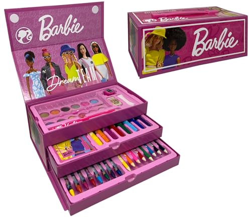 CARTOON Maletín con colores Barbie para niños set 52 piezas de colores y papelería caja con cajones kit dibujo y pintura