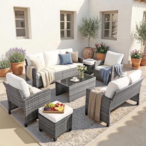 FHFO 7 Piece Patio Furniture Set, Outdoor Sectional Furniture Wicker Conversation Sofa Set, Includes 3-Seater Sofa, Loveseat, Single Sofa, Tempered Glass Coffee Table, Ottoman (Grey/Beige) - Image 4