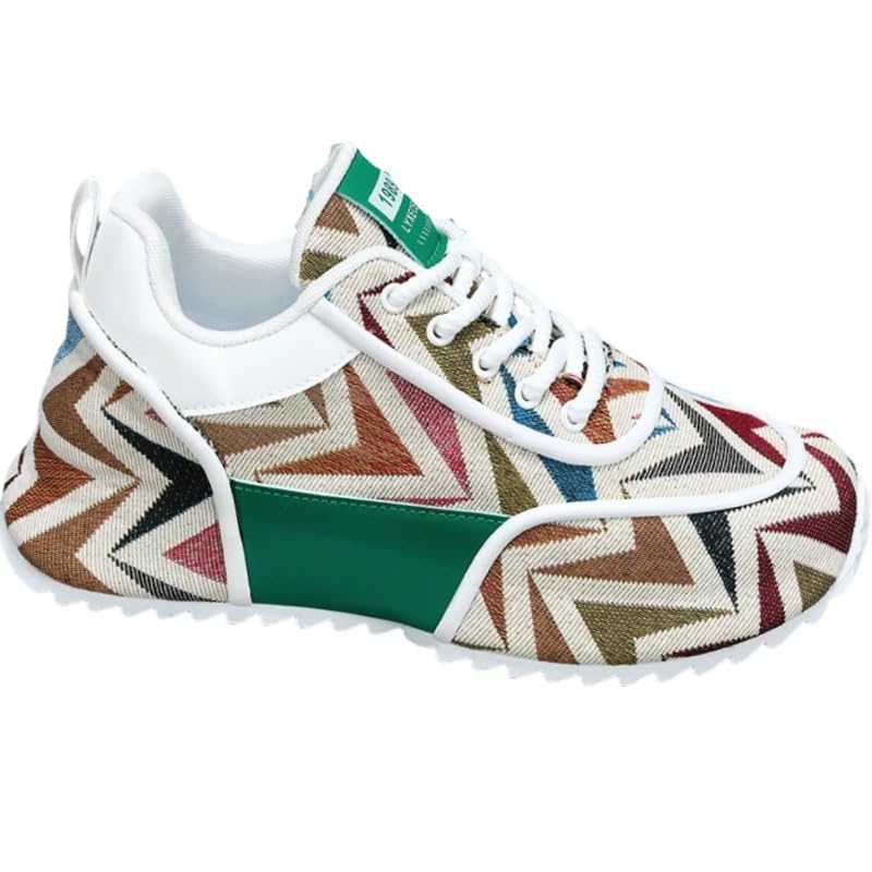 Multicolor Geometric Print Sneakers - White Sole with Green Accents, Breathable Mesh Upper Design for Casual Style