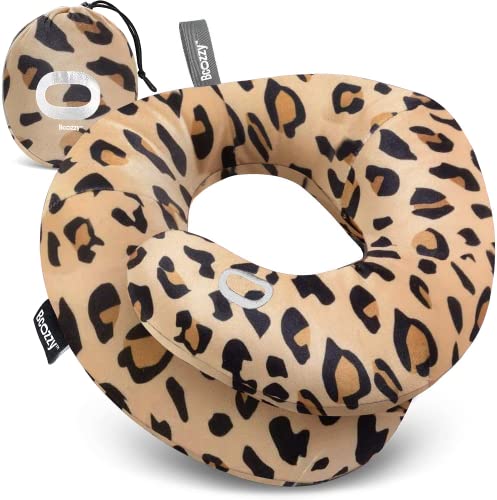 Image of BCOZZY Travel Neck Pillow for Airplane - Patented Double Support for Head, Neck, and Chin. Best for Long Flights, Plane Sleeping, and Car Rides. Adjustable Size. Washable. Carry Bag. Large, Leopard