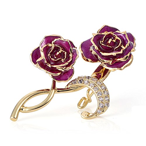 ZJchao Purple Rose Floral Bouquet Brooch Pins Gift for Brides Wife 24K Gold Plated Flower Women Brooch Clips for Her Mom Wedding, Party, Dress, Valentines Day, Anniversary, Birthday (Purple)
