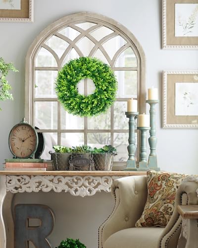 Image of DDHS 16-18in Small Boxwood Wreath for Front Door - Artificial Green Farmhouse Wreath, Spring Summer Fall Winter DIY Decor, for Indoor Outdoor Year-Round Wedding Home Decorations