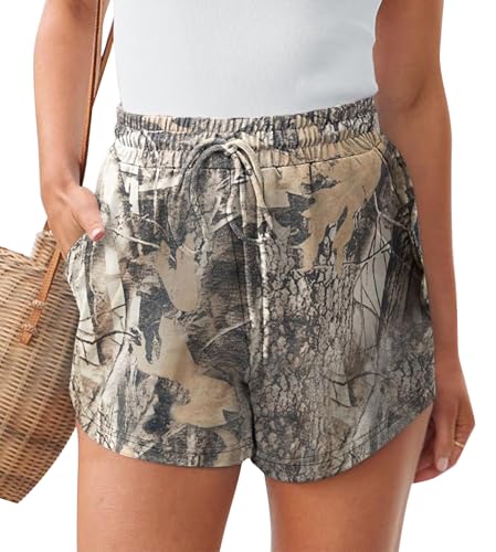 Womens Camo Sweat Shorts Maple Leaf Print Drawstring Elastic High Waist Lounge Camouflage Workout Shorts with Pockets4