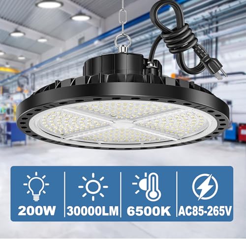 ISKYDRAW UFO LED High Bay Light 200W, 4 Pack Shop Lights for Warehouse with Plug, 30000LM 6500K Daylight IP65 Waterproof Commercial Bay Lighting for Warehouse, Garage, Barn, Factory — view 2
