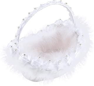Panier de Fille de Fleur en Satin Ruban Plume Blanc Orné de Dentelle Panier de Pétale Romantique pour Fête de Cérémonie de Mariage