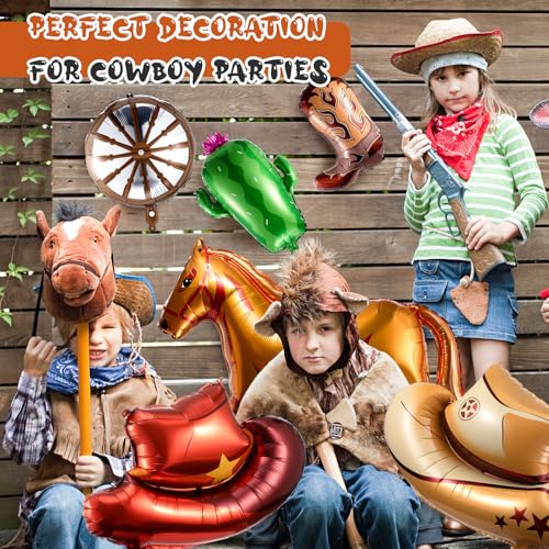 Image of VioraWhite 12 Pcs Western Balloons Foil Horse Racing Rodeo Horseshoe Cowboy Cowgirl Boots Hat Cactus Wagon Wheel Brown Balloons for Summer VBS First Rodeo Birthday Wild Western Horse Party Decorations