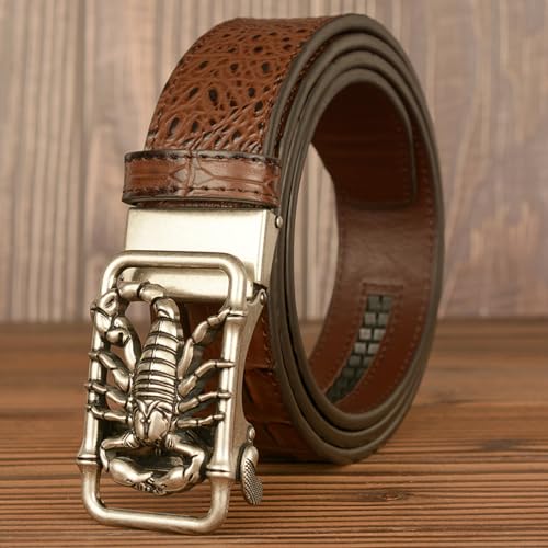 Men's Crocodile Pattern Leather Ratchet Belt With Silver Hollow Scorpion Automatic Buckle, Dress & Casual4