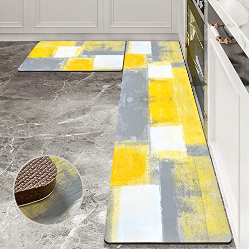 Küchenteppich-Set, 2er-Set, türkis, moderne Kunst, Küchenteppiche und Matten, blaugrün, rutschfest, Küchenteppiche für Küche, Esszimmer, Wäsche (gelber Teppich, 43,2 x 74,9 cm + 43,2 x 150 cm) thumbnail