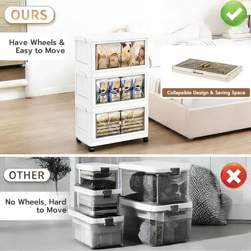 Image of uliance 5 Tiers Foldable Plastic Wardrobe Organizer for Storage, Plastic Wardrobe Drawer Cabinet, Stackable Storage Cabinet with Wheels, Baby Cupboard for Clothes Storage, Cream Cloth Organizer