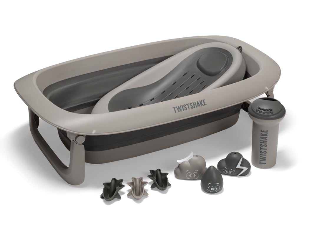Twistshake Set V2 - Vasca da bagno per bambini, pieghevole, con cuscino da bagno e lavello, capacità 30 l, senza BPA, 0-4 anni, grigio délavé