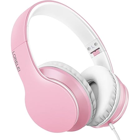 LORELEI X6 Over-Ear Headphones with Microphone, Lightweight Foldable & Portable Stereo Bass Headphones with 1.45M No-Tangle, Wired Headphones for Smartphone Tablet MP3 / 4 (Pearl Pink)