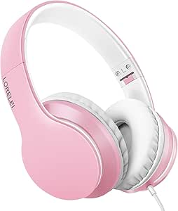 LORELEI X6 Over-Ear Headphones with Microphone, Lightweight Foldable &amp; Portable Stereo Bass Headphones with 1.45M No-Tangle, Wired Headphones for Smartphone Tablet MP3 / 4 (Pearl Pink)