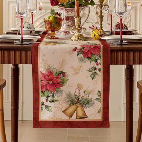 Softalker Camino de Mesa de Navidad con Flores Rojas y Campanas Doradas,Moderno Satinado Camino de Mesa Elegante para Exteriores,cumpleaños,año Nuevo Fiestas y Uso Diario,Lavable,máquina,40x240 cm