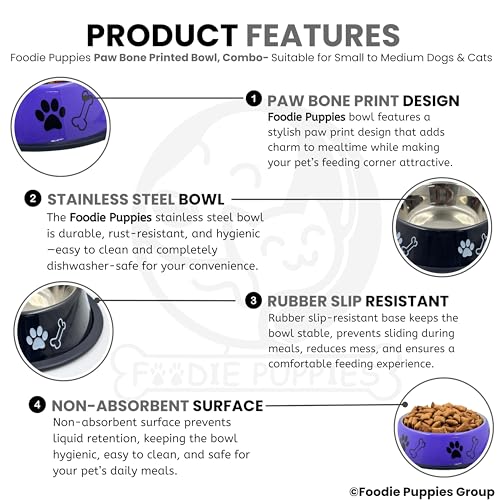 Image of Foodie Puppies Stainless Steel Dog Bowl Combo - (Medium, 700ml) Food and Water Feeding Gift Bowl | Suitable for Dogs, Cats and Other Pets I Paw Bone Print, Anti-Skid Rubber Base (Black + Purple)