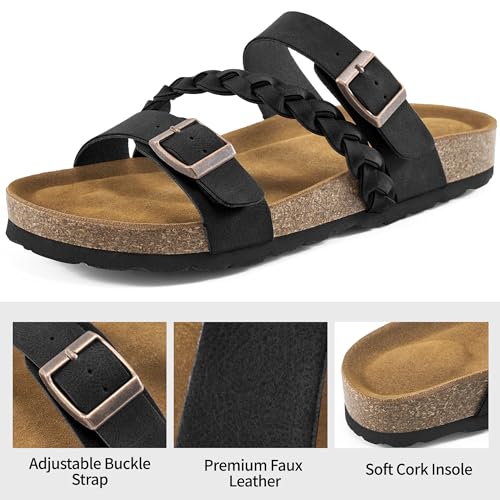 HARENCE Womens Flat Slides Sandals: Comfort Cork Footbed Slip On Slide Shoes Adjustable Buckle Open Toe Summer Outdoor Beach Sandal3