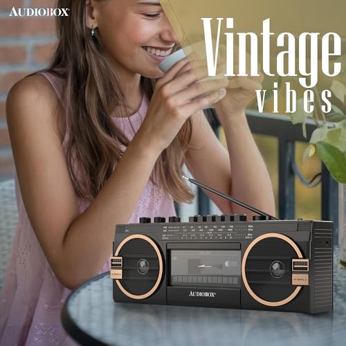 Image of AudioBox RXC-25BT Retrobox 2 Way Speaker System Boombox w /Bluetooth Connectivity, AM /FM /SW, USB and SD Card Connection, & Cassette Player, Black | MP3 Playback, USB & SD Card Support, 3.5mm Jack, Built-In Boombox Speaker, Cassette Player, Stereo Sound, Portable Design