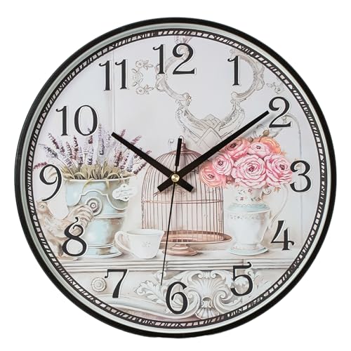 NUOVO Orologio da parete vintage da 12 pollici, design shabby chic con rose e gabbia per uccelli, silenzioso, orologio da parete decorativo per soggiorno, cucina, ufficio, camera da letto