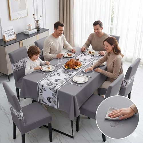 Image of Styleys Polyester Dining Chair Cover with Table Covers for Kitchen Waterproof Dining Table Cloth (1 Table Cover + 6 Chair Cover, Grey Flower, K716), Rectangular