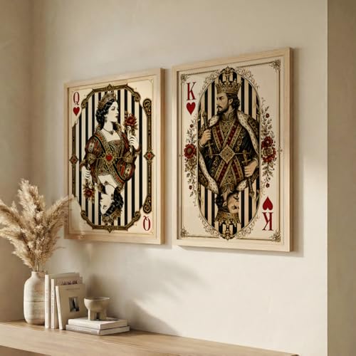Image of NoWorries Vintage King & Queen of Hearts Playing Card Wall Art Set of 2, Framed Casino Card Prints, Royal Couple Gothic Decor, Poker Room Wall Decor, Antique Victorian Playing Card Artwork for Game Room (Art-11, 21x31inch)