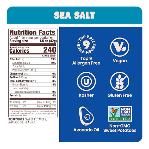 Image of Jackson's Sweet Potato Kettle Chips with Sea Salt made with Avocado Oil (1.5 Ounce, Pack of 28) - Allergen-friendly, Gluten Free, Peanut Free, Vegan, Paleo Friendly - Shark Tank Product