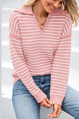 BTFBM Women's Striped Long Sleeve Sweater V Neck Lapel Collar 2024 Fall Winter Fashion Ribbed Knit Loose Pullover Tops3