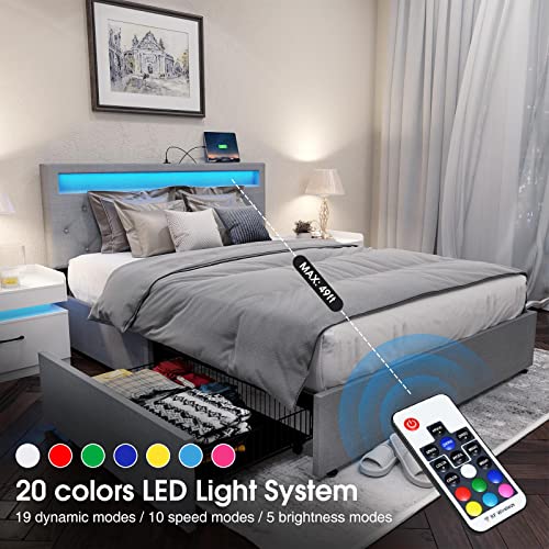 image for Rolanstar Full Bed Frame with Headboard and 4 Drawers, LED Lights Adju