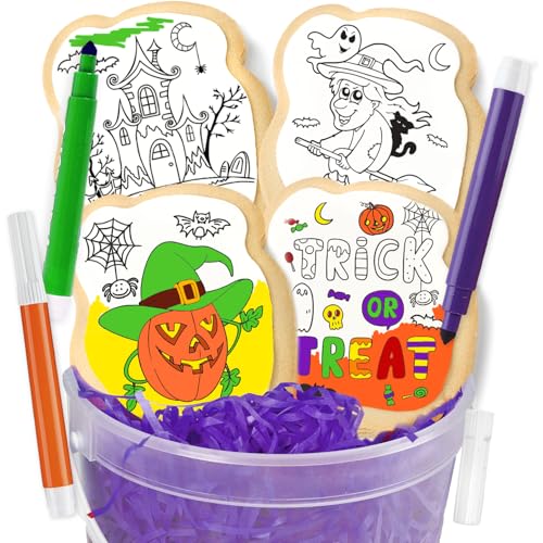 Halloween Cookies Decorating Kit Coloring Gift For Kids | 4 Jumbo Cookies + 3 Edible Markers | Individually Wrapped | Activities Pumpkin Witch Ghost Holiday Fall DIY Food