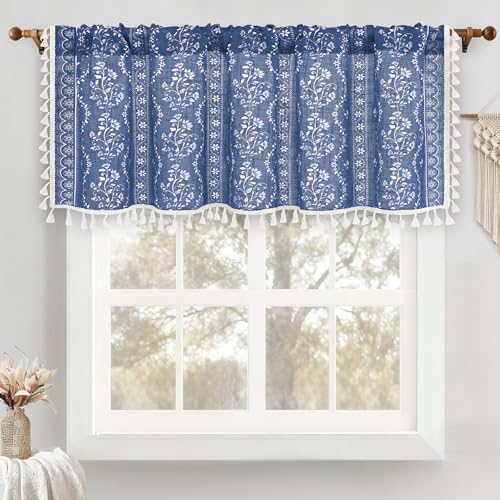 Image of Yinhua Boho Valance Curtains Vintage Linen Blue Kitchen Valances for Windows Light Filtering Bohemian Floral Valance Rod Pocket Farmhouse Tassel Window Valances for Bathroom Cafe, 52 inch W X 18 inch L