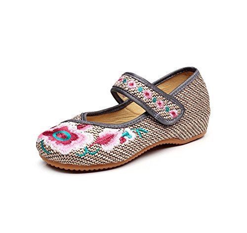 Lazutom Vintage Chinese Style Women Embroidered Shoes Mary Jane Flat Casual Ladies Mary Jane Qipao Dress Shoes (EU 41, Grey)