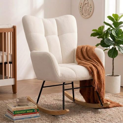 Skandiquip Nursery Rocking Chair, Rocking Chairs for Nursery, Baby Rocker Chair, Glider Rocker, Anti-Tip Safety Design, 440 Lb Weight Capacity, Cotton Fabric Cover, White