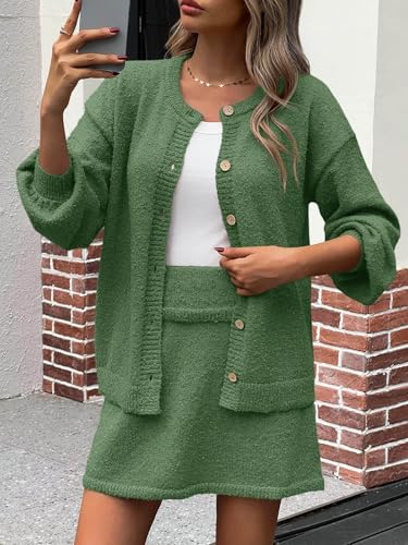 Image of Tankaneo 2 Piece Sweater Sets for Women Long Sleeve Cardigan Outfits Mini Skirts Knit Matching Lounge Set