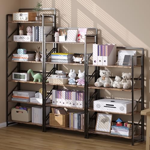 Image of JSB Folding Bookshelf,Industrial Storage Shelves, No Assembly Vintage Wood Look Bookshelf with Storage Shelves for Living Room, Bedroom, Office (Fire Brown, 5-Tier)