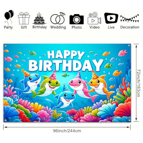 Image of HOMETITUTE Happy Birthday Banner Under The Sea Backdrop 96x72 Inch Ocean Theme Party Decrations Background Decoration with Sharks for Kids Photo Booth Celebration for Girls or Boys