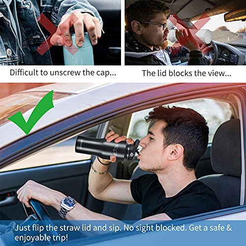 Uchiers 32 Oz Insulated Water Bottle Stainless Steel Tumbler Travel Flask Double Wall With Straw Lid And Spout Cap, Fits In Any Car Cup Holders Keep Cold For 24 Hrs, Hot For 12 Hrs (Black) #TOP3