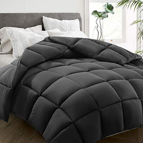 HYLEORY All Season Queen Size Bed Comforter – Cooling Down Alternative Quilted Duvet Insert with Corner Tabs – Winter Warm – Machine Washable – Dark Grey