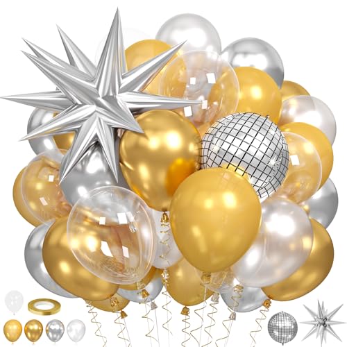 60pcs Gold and Silver Balloons Metallic Pearl Silver Gold Balloons Clear Balloon Disco 4d Ball Star Foil Balloon For New Year Birthday Baby Shower Party Wedding Anniversary Bridal Shower Decorations