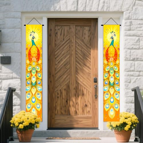 Image of Nuxovilar Peacock Outside Front Door Banners 12x71 Inches Polyester | Tropical Porch Sign, Hanging Decor Elegant Animal Banner, Feather Peacock Accent Patio, Porch, Entryway (Peacock Art)