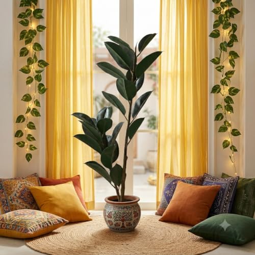 Image of Kayra Decor Artificial Rubber Plant 4ft with Pot - Ficus Elastica Tree | Faux Indoor Plant for Living Room, Office, Balcony & Home Decor