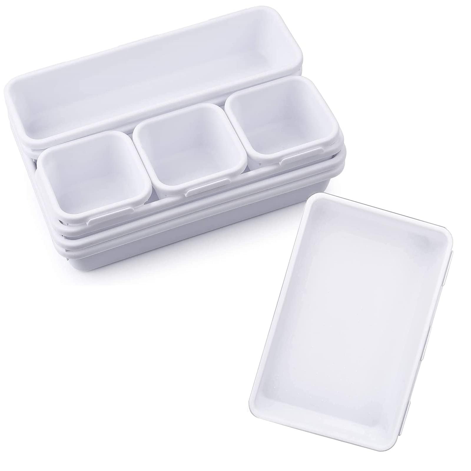 BCNTLXJR 8 PCS Clear Plastic Drawer Organizers Set, 3-Size Versatile Bathroom and Vanity Drawer Organizer Trays, Storage Bins for Makeup, Bedroom, Kitchen Gadgets Utensils and Office (white)
