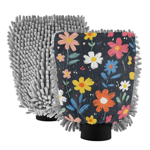 Meadow Colorful Flowers Wash Mitt for Cars 2 Pack Car Washing Gloves Scratch-Free Clean Sponges for Auto Supplies